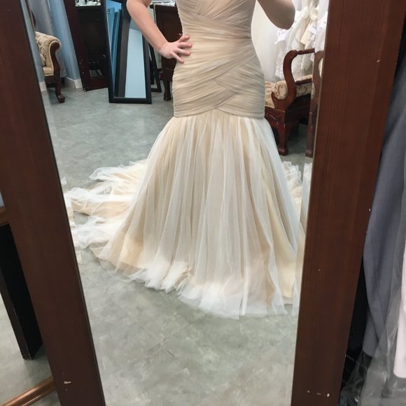 Sample Champagne Asymmetrical Ruched Fit & Flare Wedding Dress, Corset Laceup - Picture 7 of 12